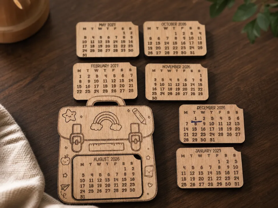 Wooden backpack shaped perpetual calendar with interchangeable monthly inserts