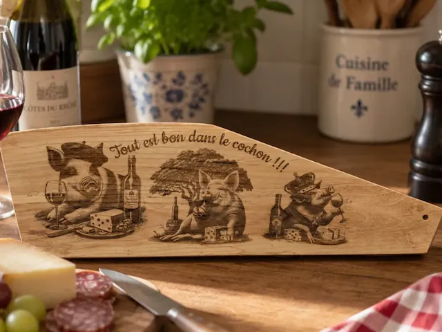 Planche à découper en bois avec illustration de cochons et inscription humoristique