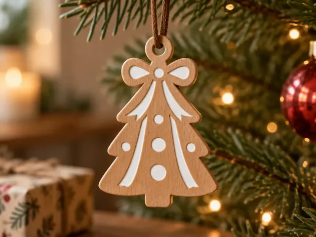 Wooden Christmas Tree Ornament with White Accents