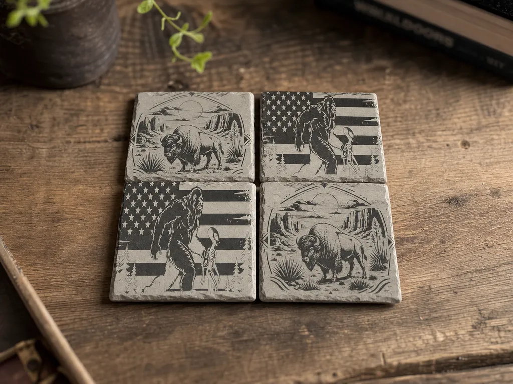 Stone Coaster Set Featuring Bigfoot and American Bison Designs