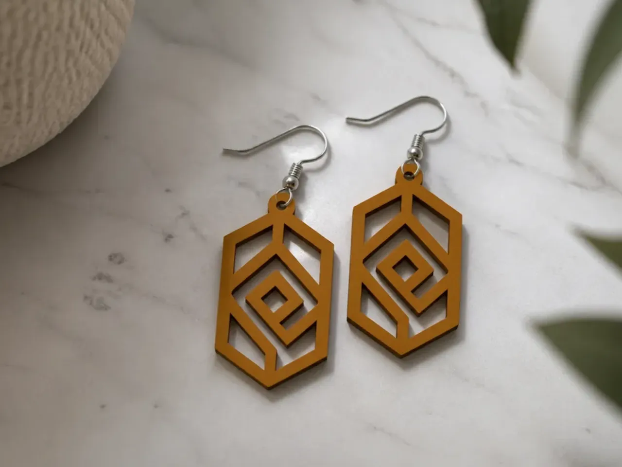 [Laser cut and engrave] Geometric Mustard Yellow Hexagon Dangle Earrings