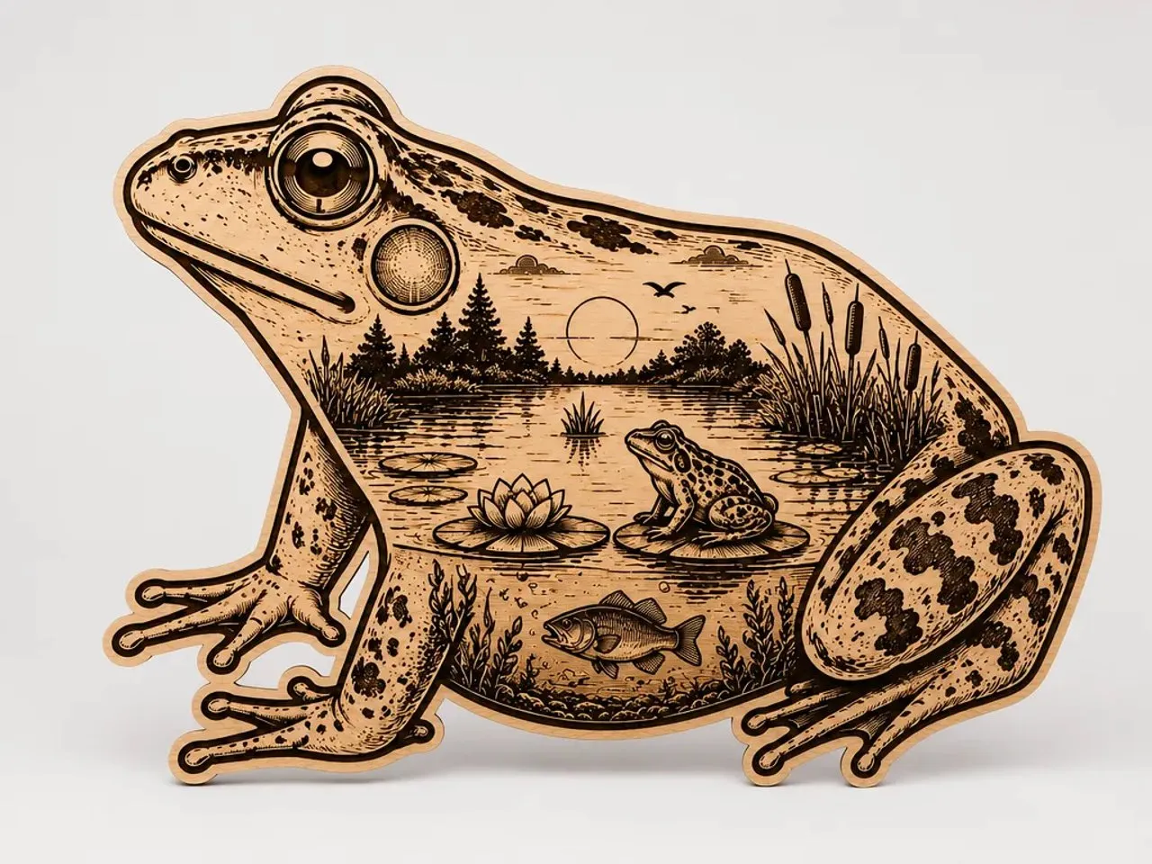 [Laser cut and engrave] Frog Shaped Wall Art Featuring a Detailed Pond Landscape Scene
