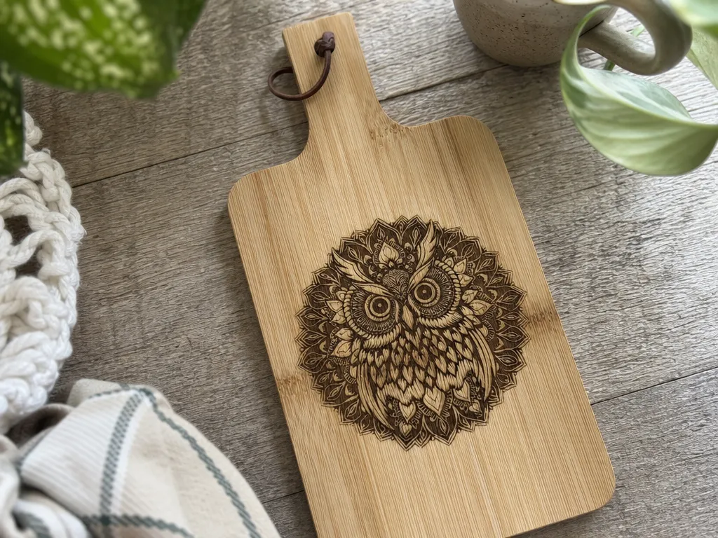 Bamboo Serving Board with Intricate Mandala Owl Illustration