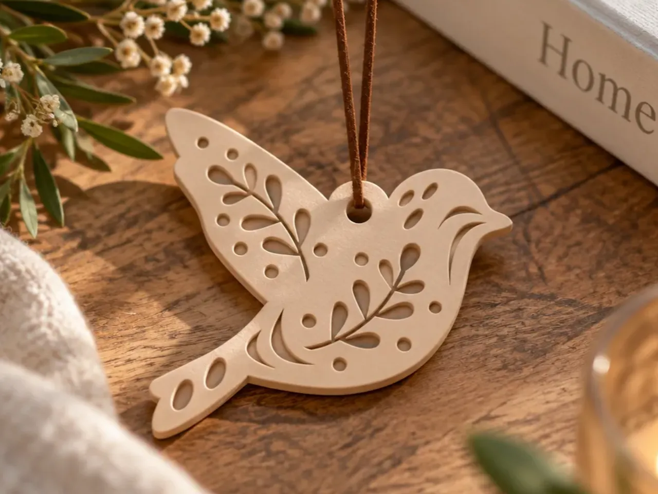 [Laser cut and engrave] Floral Bird Hanging Ornament with Leaf Pattern
