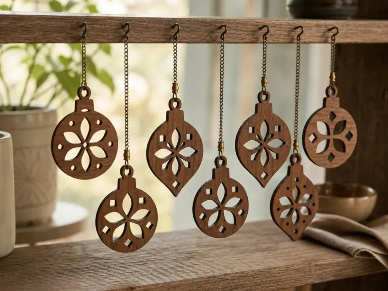 [Laser cut and engrave] Geometric Wooden Christmas Ornaments with Floral Cutout Patterns