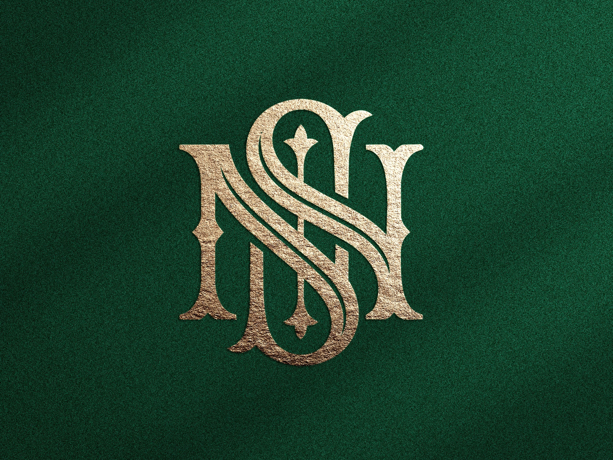 Monogramme doré entrelacé avec les lettres N et S sur fond vert