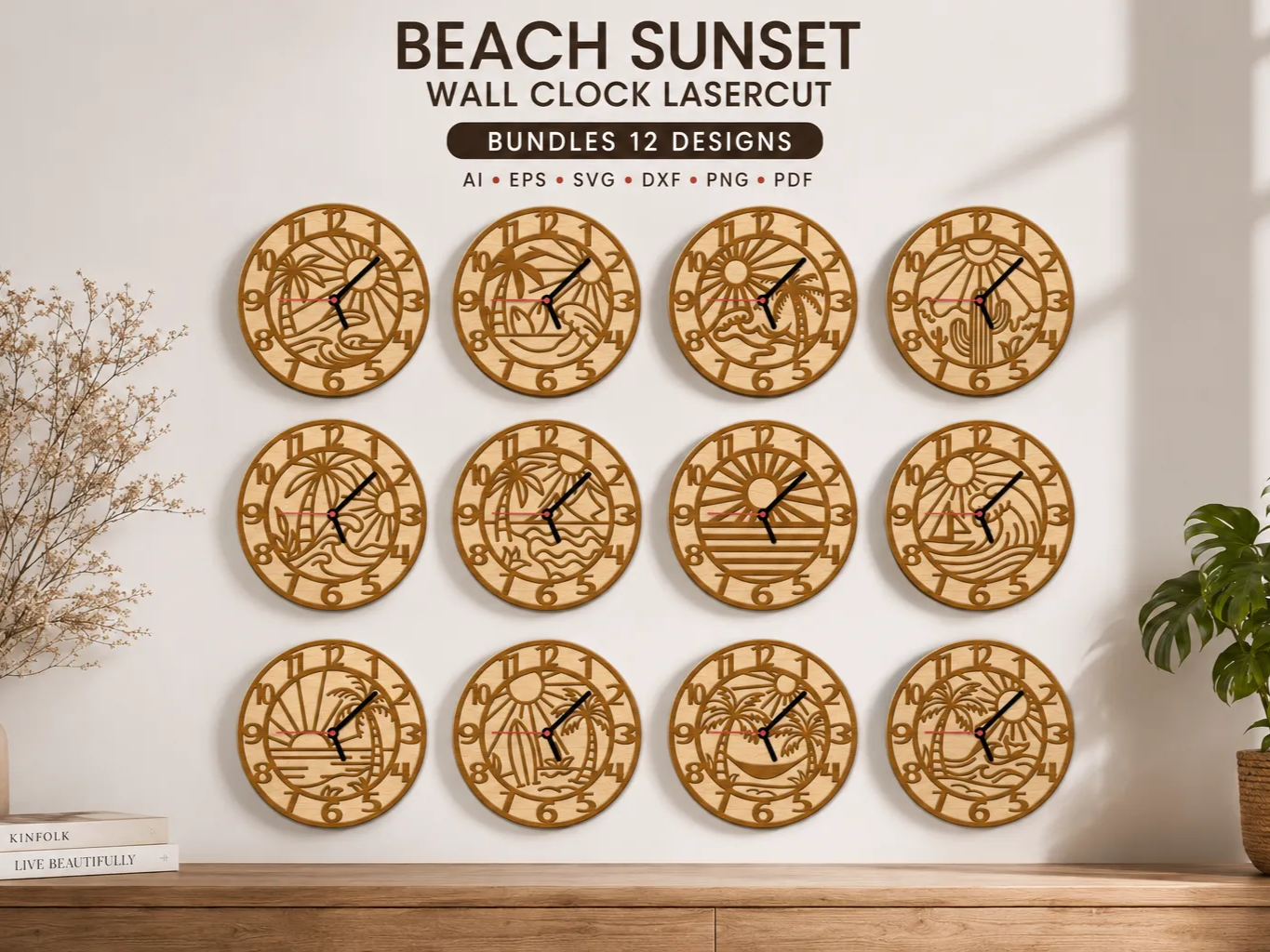 Beach Sunset Themed Round Wall Clocks with Tropical Coastal Motifs