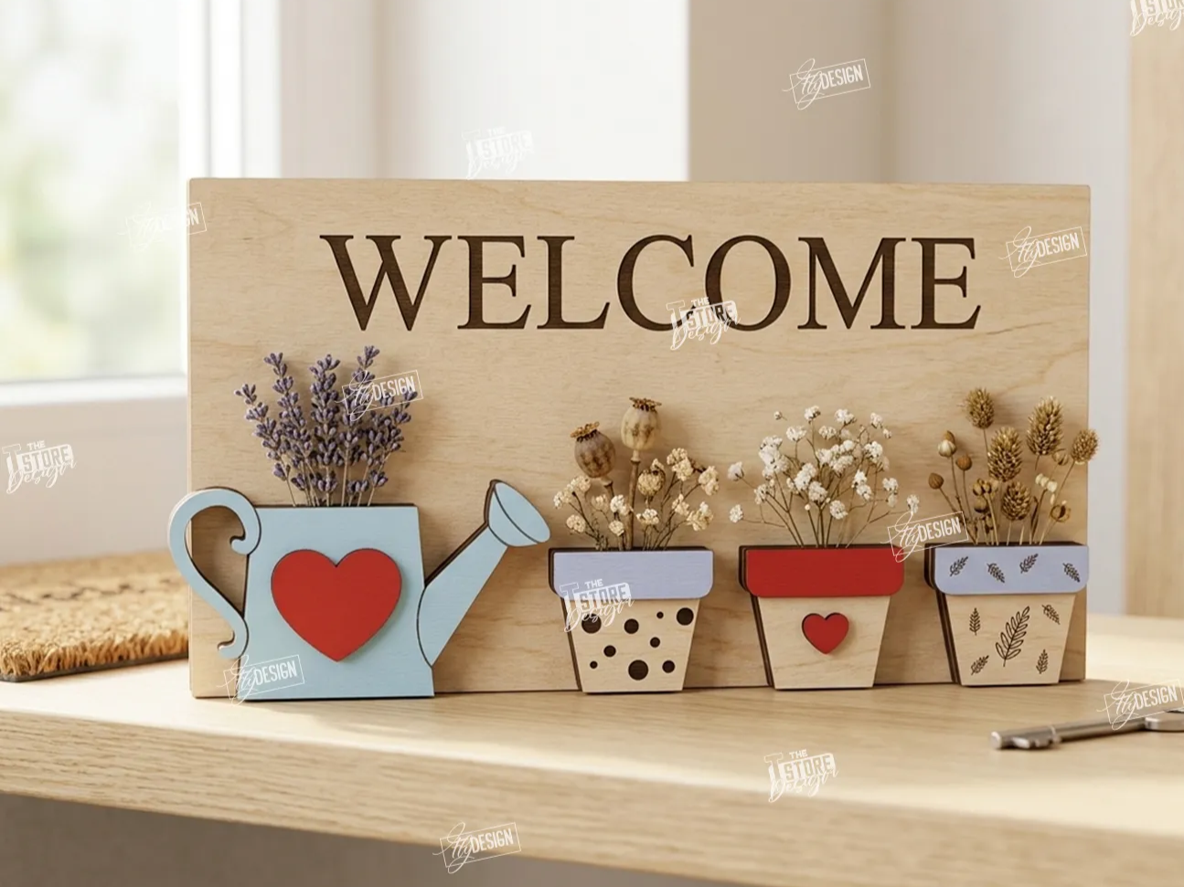 Welcome Sign with Watering Can and Flower Pot Accents Laser Cut File. 3D Welcome Sign. Home Decor