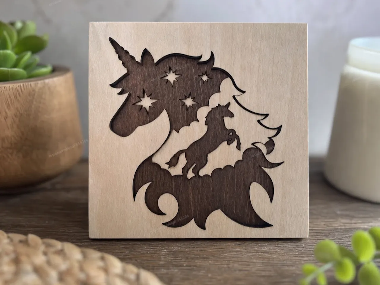 [Laser cut and engrave] Unicorn and Star Silhouette Square Wooden Wall Art