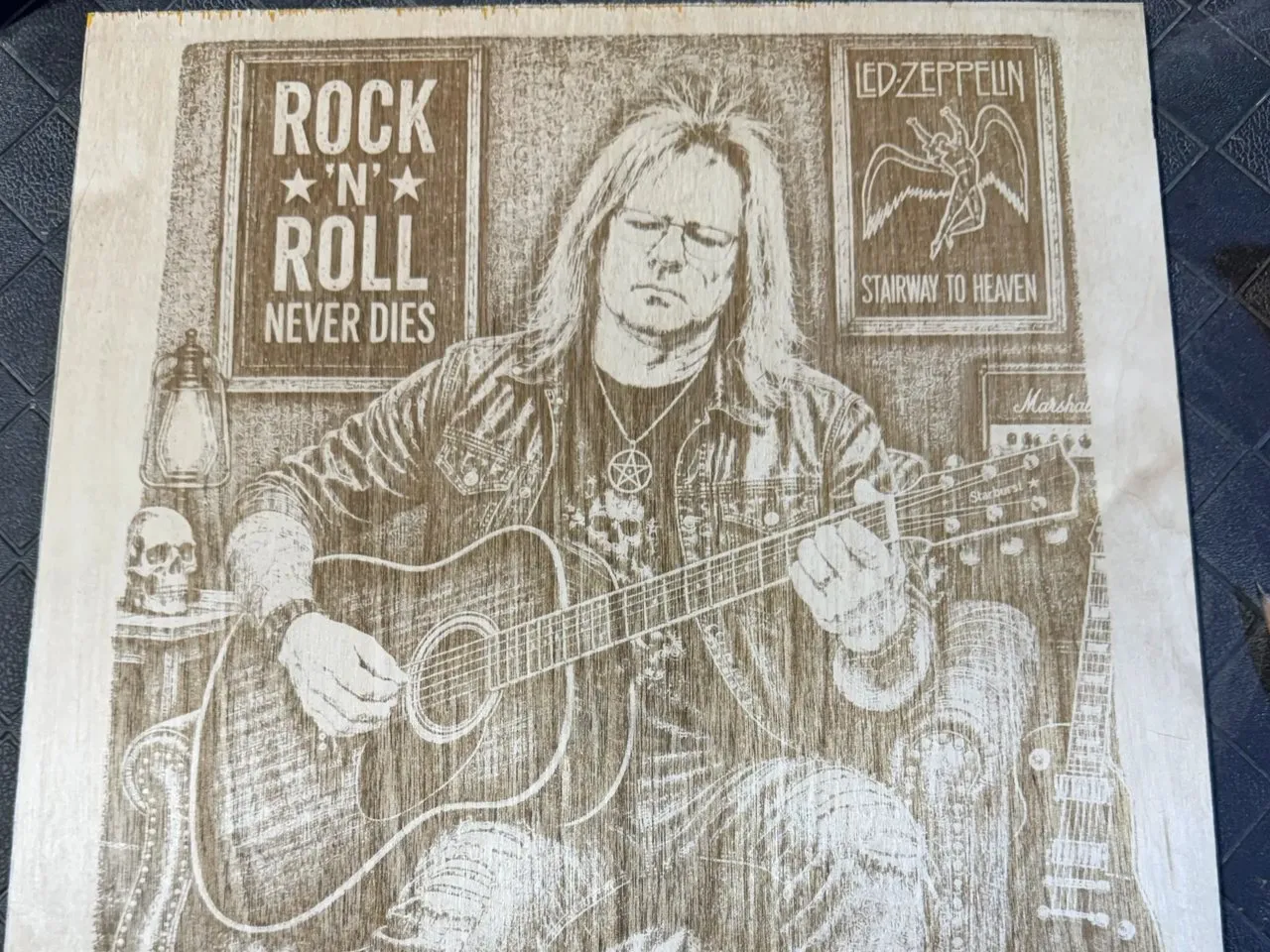 [Laser cut and engrave] Rock and Roll Never Dies Guitarist Wooden Wall Art