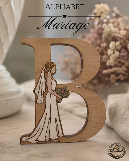 [Laser cut and engrave] Lettre B en bois avec illustration de mariée pour décoration de mariage