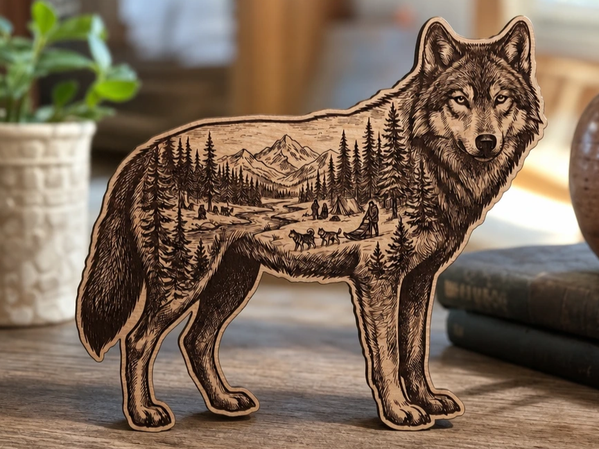 Wolf Silhouette with Mountain Forest Landscape Scene