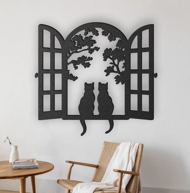 [Laser cut and engrave] Décoration murale en métal représentant deux chats assis à une fenêtre ouverte
