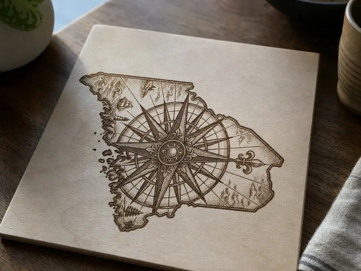 [Laser cut and engrave] South Carolina State Map with Nautical Compass Rose Illustration