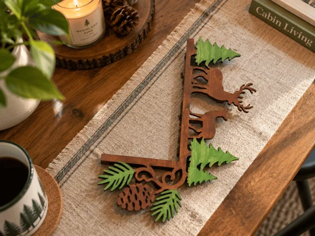 Corner Wall Shelf Featuring Deer and Pine Tree Forest Silhouette