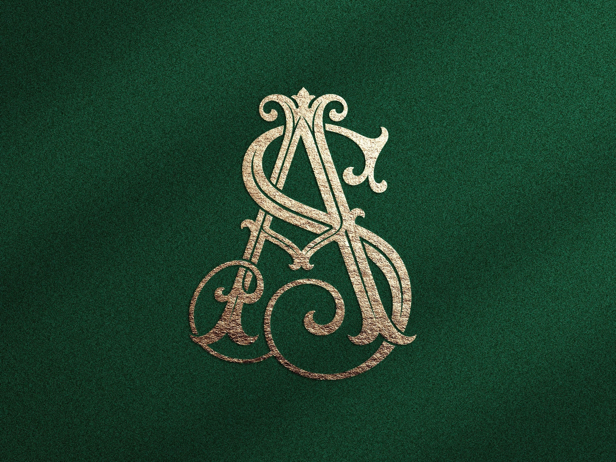 Monogramme doré entrelacé avec lettres A et S sur fond vert texturé