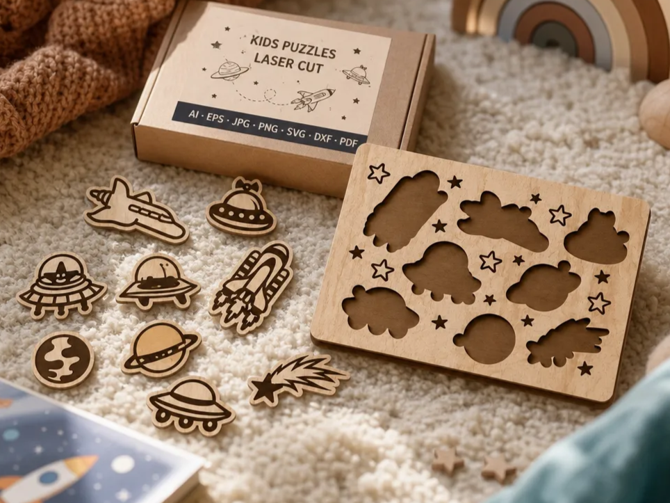 Space Elements Kids Puzzle SVG, Laser Cut Puzzle Files, Wooden Space Toy, Montessori Learning Board