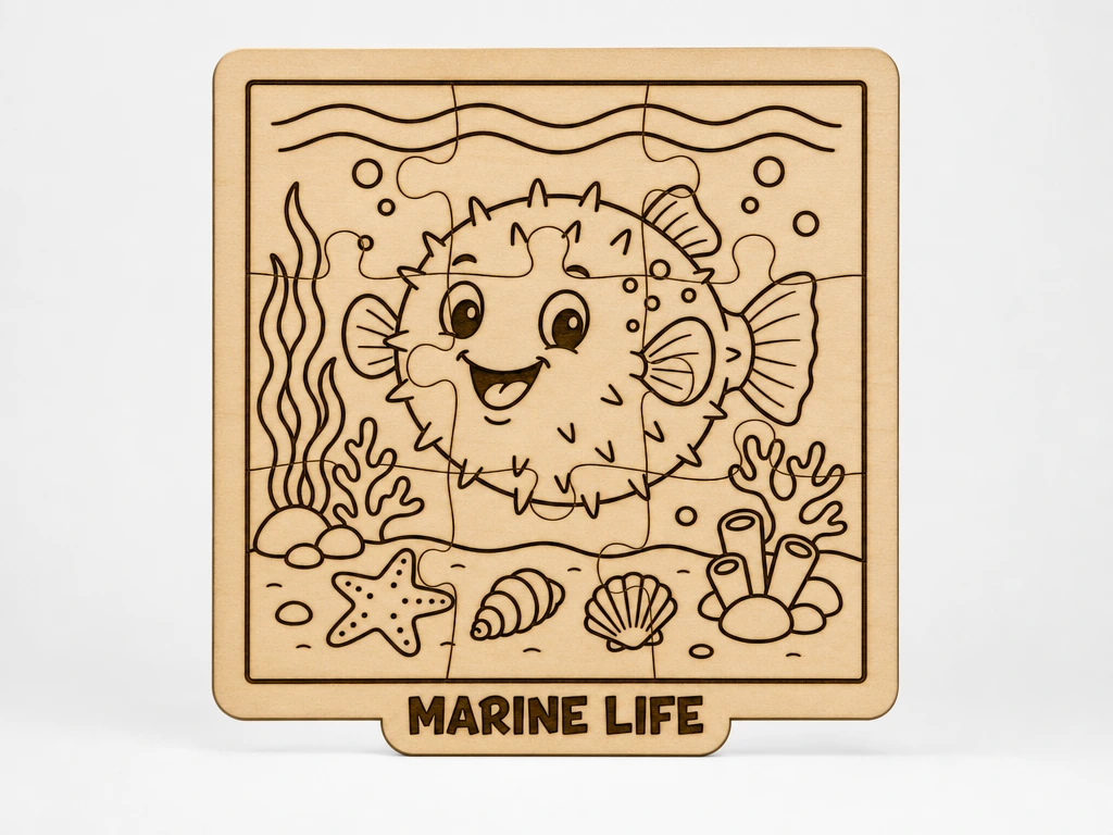 Pufferfish Wooden Puzzle for Kids | Marine Life Montessori Toy, Ocean Animal Learning Activity and Fine Motor Skills Development
