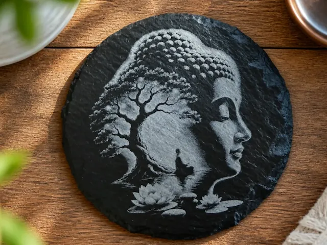 Sous-verre rond en ardoise avec motif de Bouddha et arbre zen