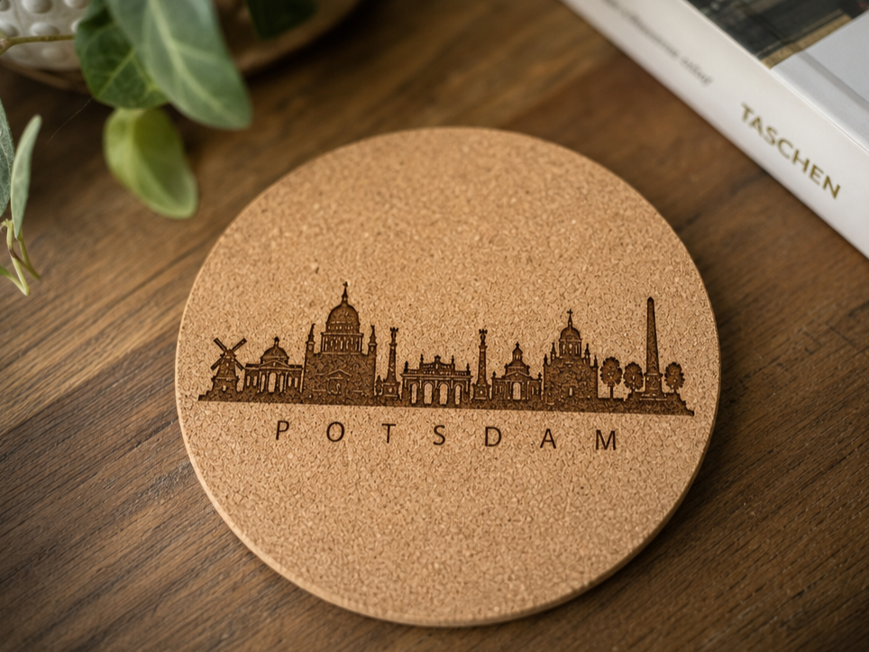 Runder Korkuntersetzer mit Potsdamer Skyline Motiv