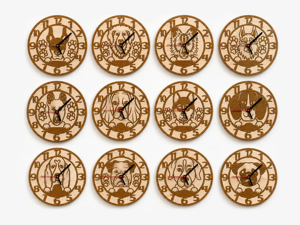 Wooden Dog Wall Clock Lasercut 12 Designs