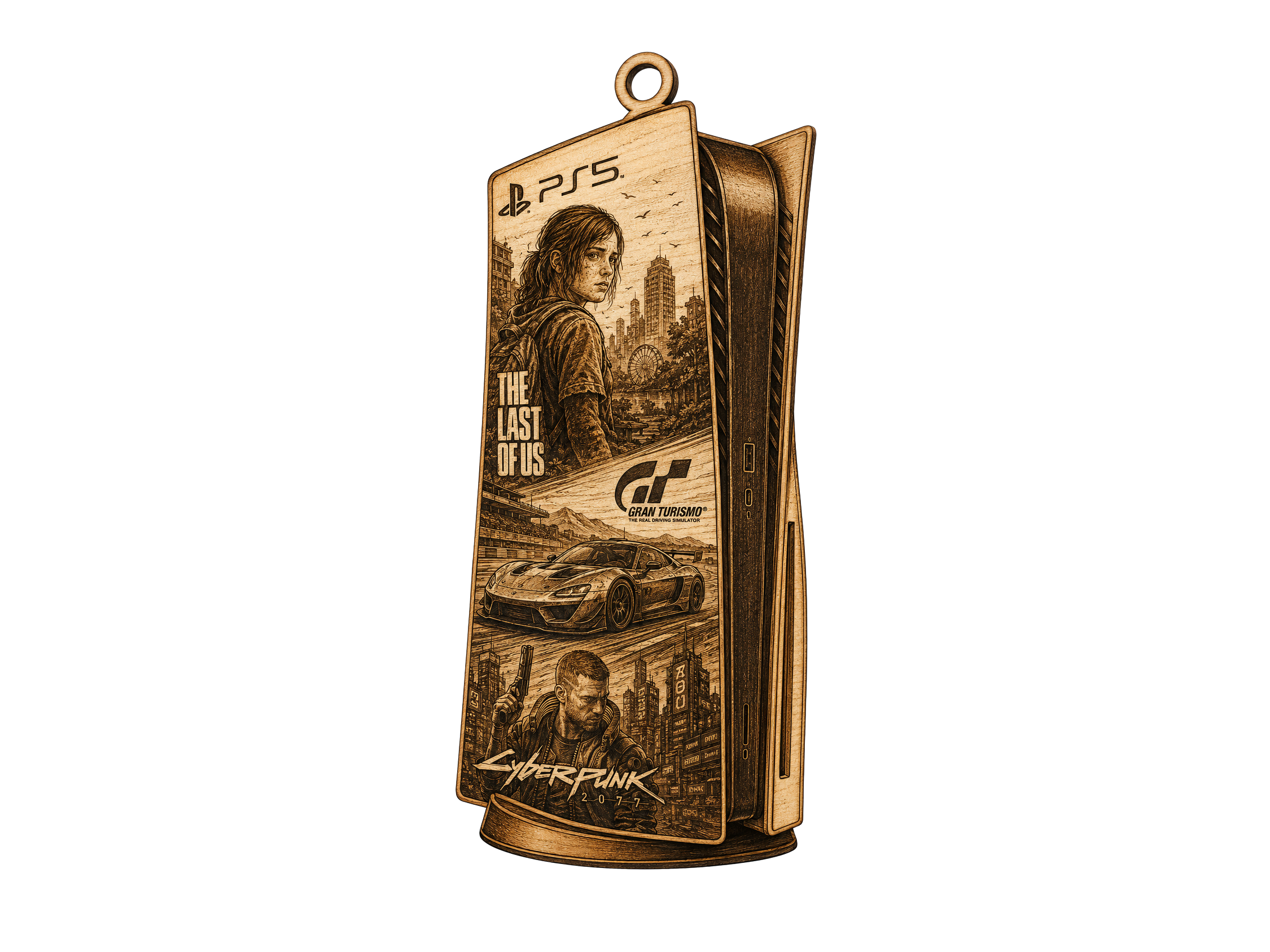 [Laser cut and engrave] PlayStation 5 Console Shaped Pendant Featuring The Last of Us and Cyberpunk Art