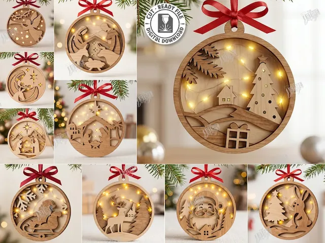 Illuminated Wooden Christmas Ornament with Layered Holiday Scenes Laser Cut Bundle