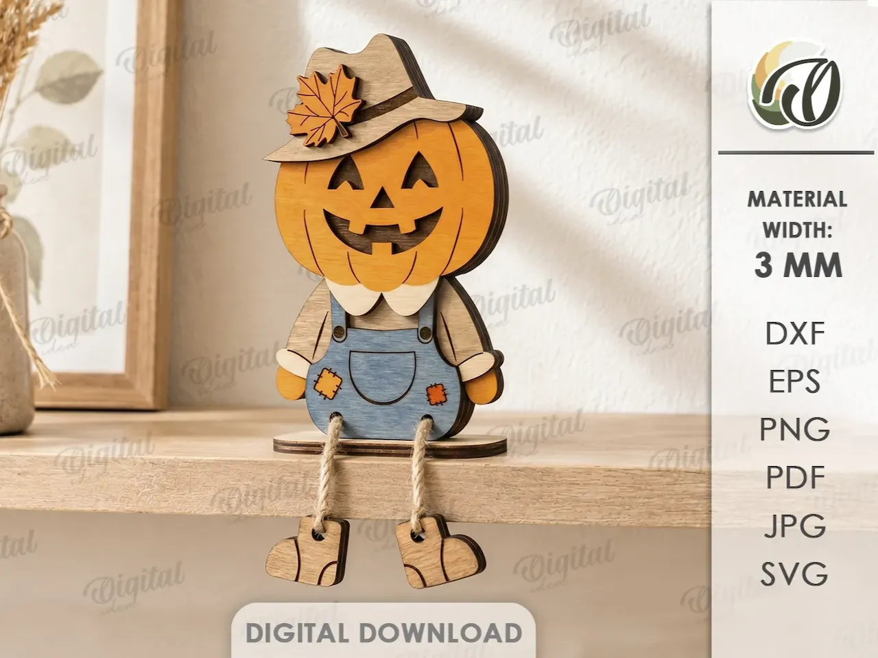 [Laser cut and engrave] Pumpkin Scarecrow Shelf Sitter with Maple Leaf Hat