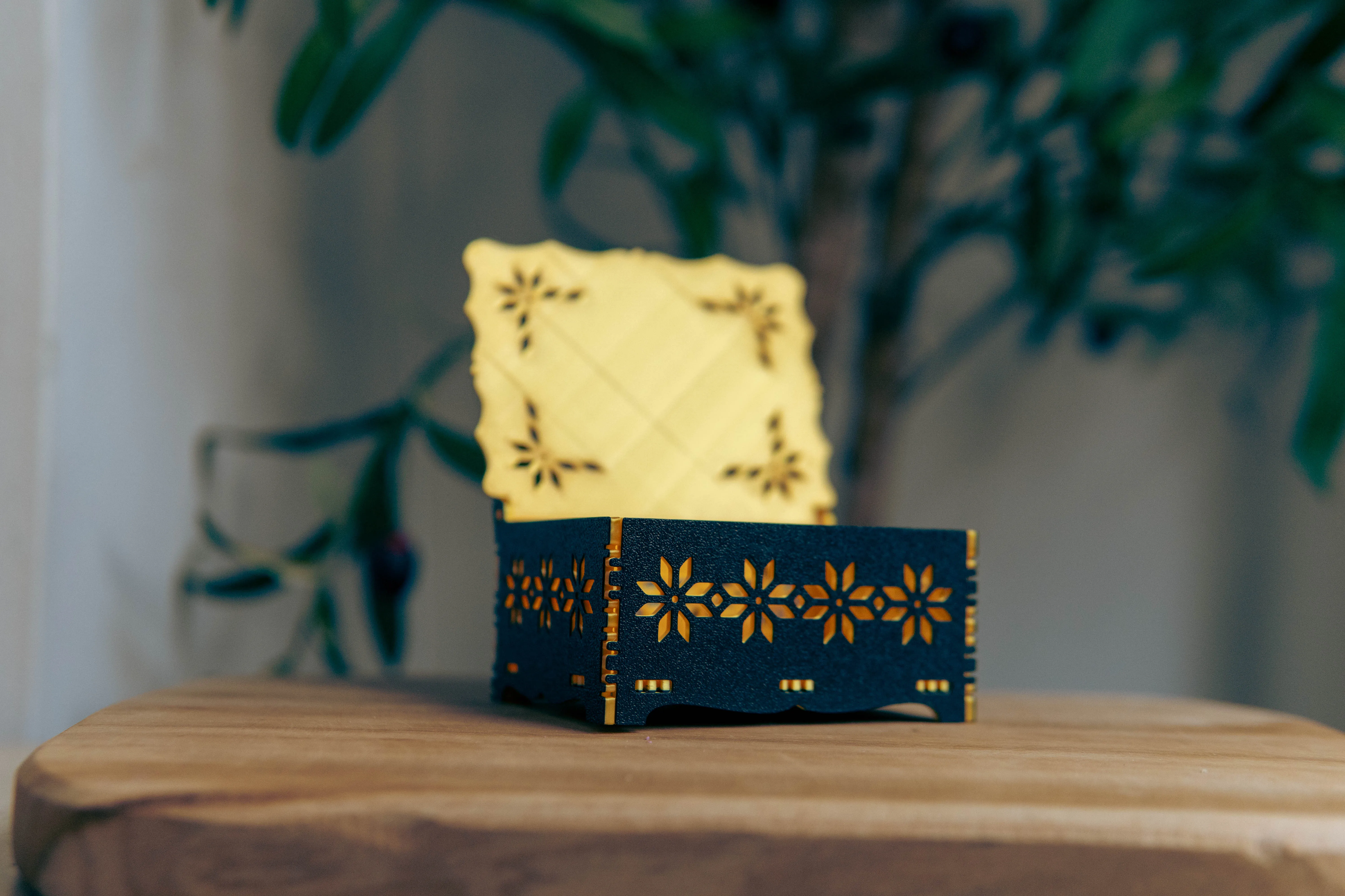 [Laser cut and engrave] Illuminated wooden box with floral cutout patterns