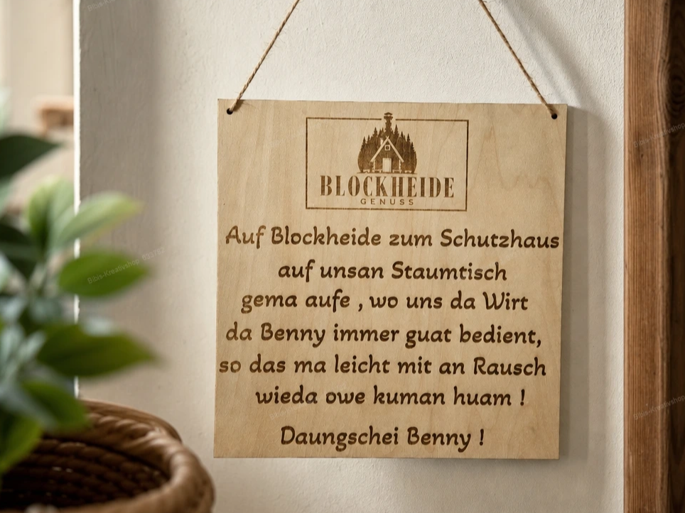 Holzschild mit bayerischem Mundart-Spruch zum Blockheide Genuss