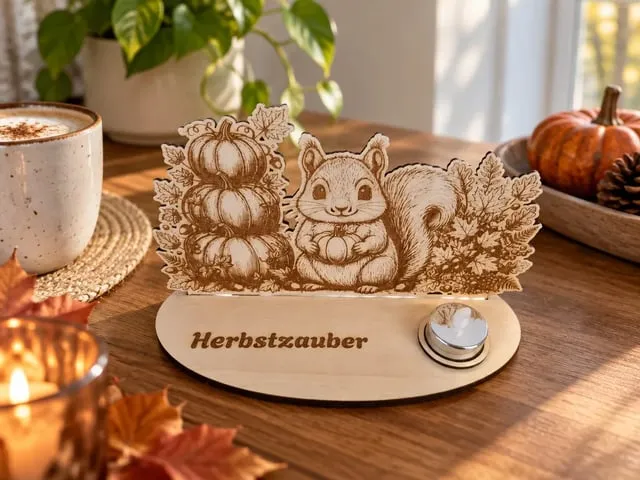 Holzaufsteller Herbstzauber mit Eichhörnchen und Kürbis Motiv