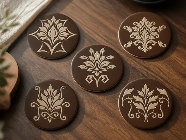 Round Brown Leather Coasters with Floral Damask Patterns