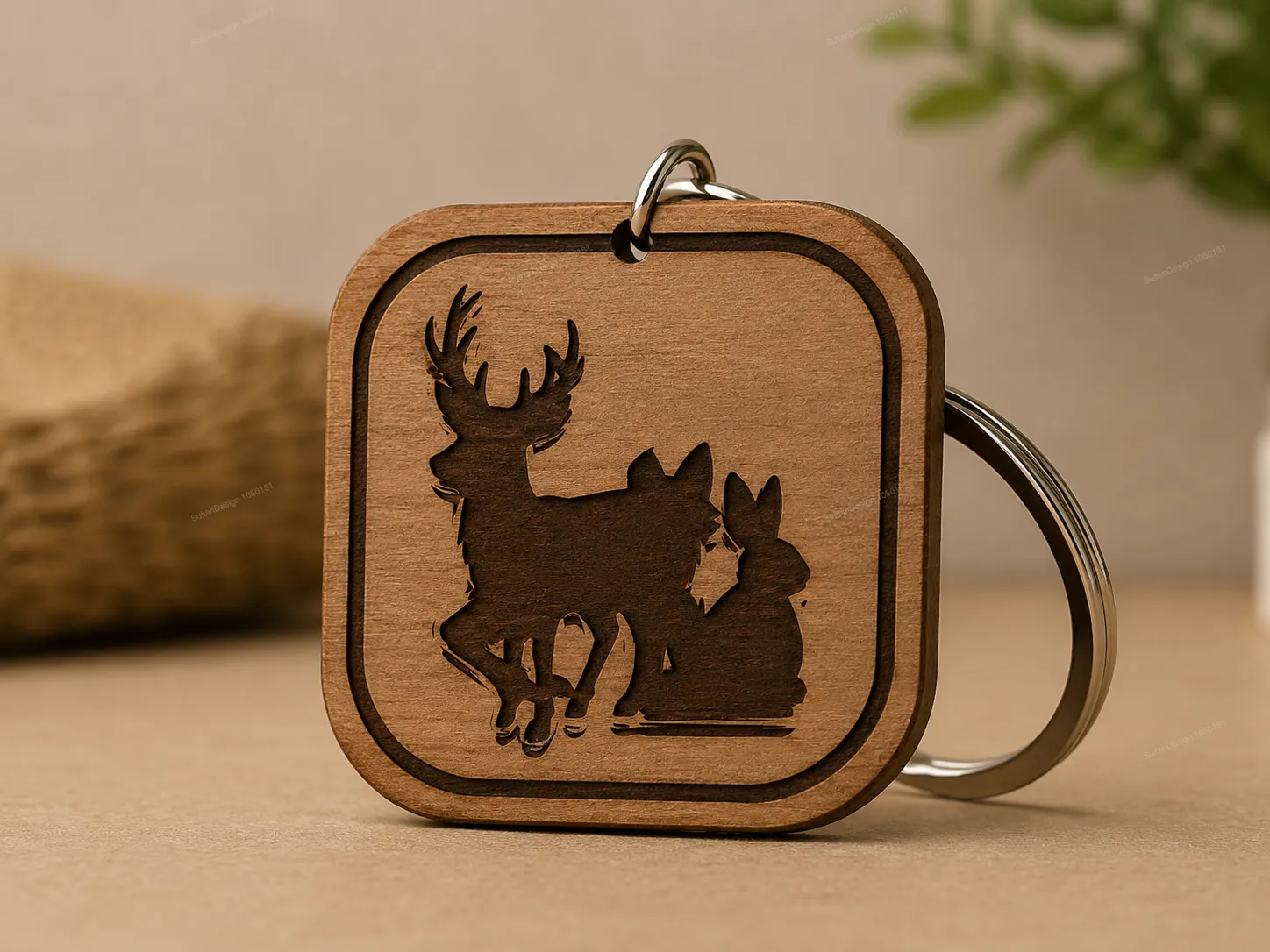 Square Wooden Keychain Featuring Deer and Rabbit Silhouette