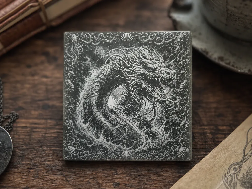Square Coaster Featuring Detailed Sea Serpent Illustration