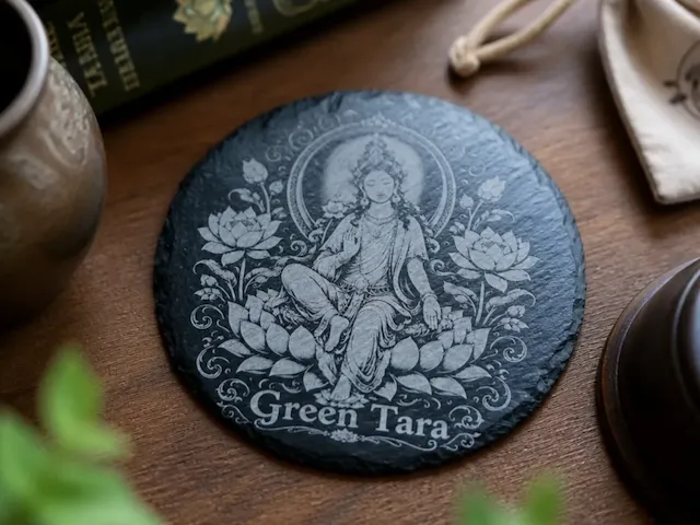 Sous-verre rond en ardoise avec motif de Tara verte et fleurs de lotus