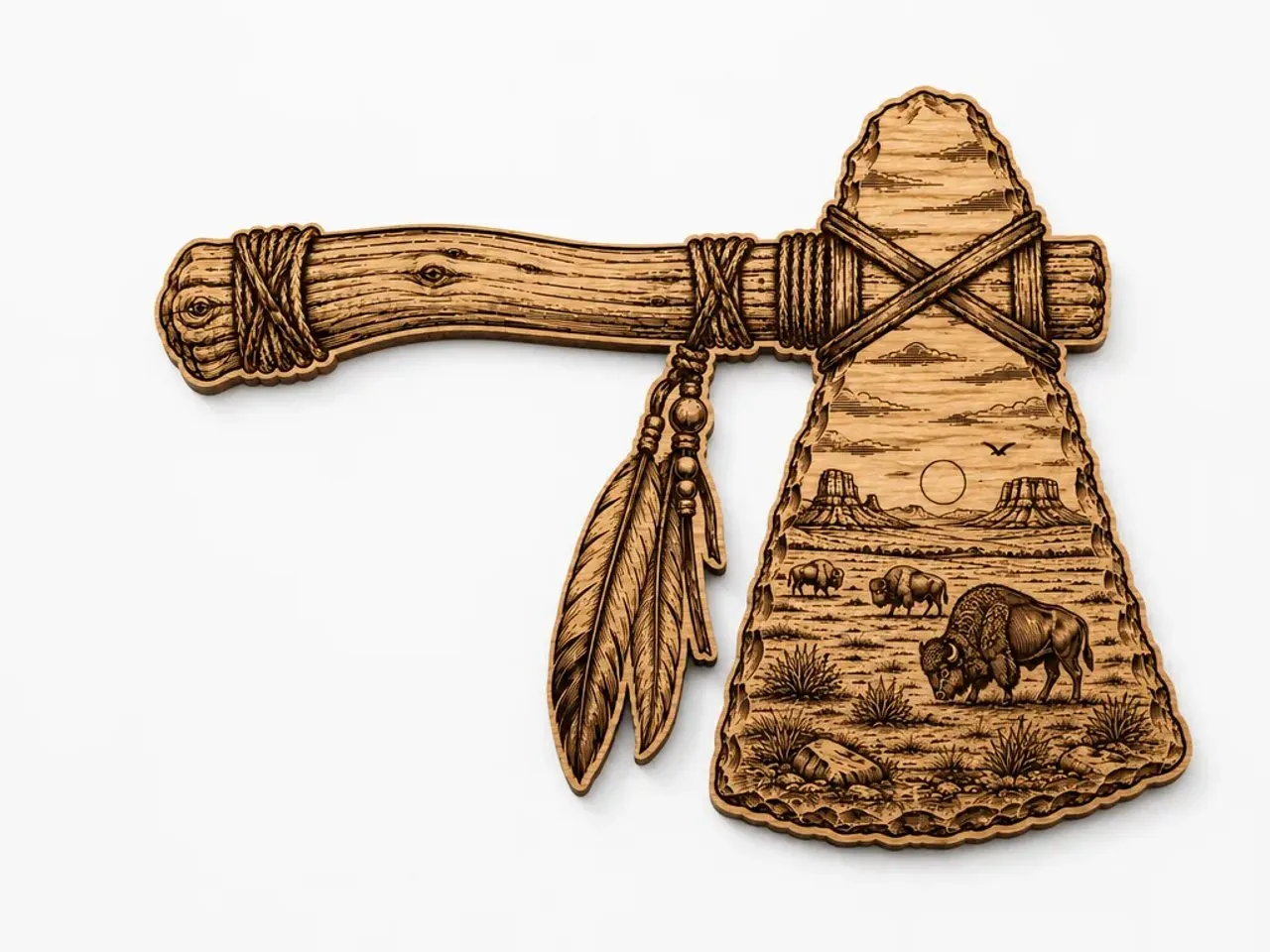 [Laser cut and engrave] Western Tomahawk Wall Art Featuring Buffalo and Desert Landscape