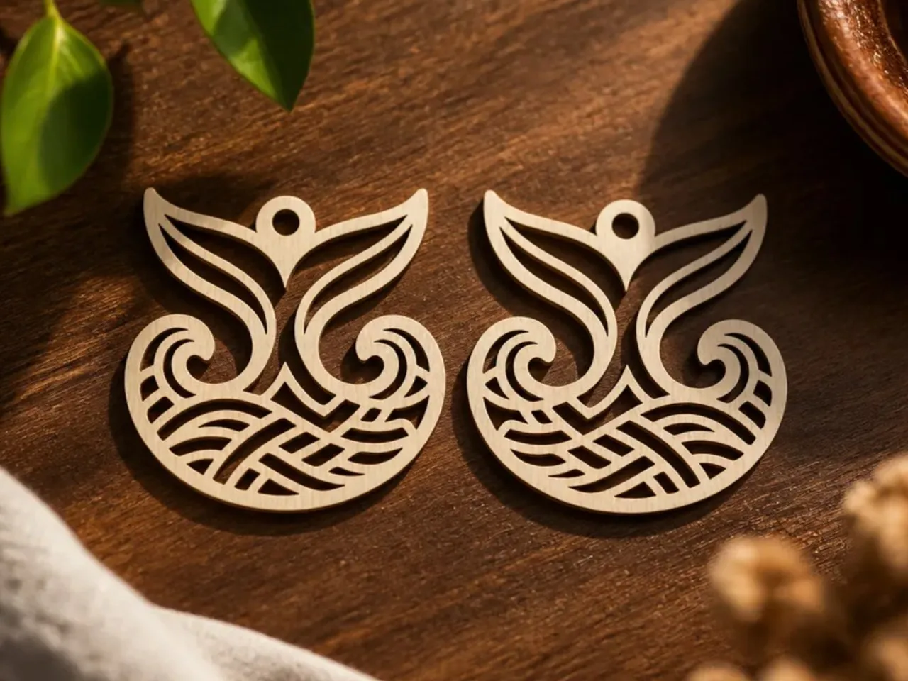 [Laser cut and engrave,Other] Whale Tail and Ocean Wave Pendant Earrings