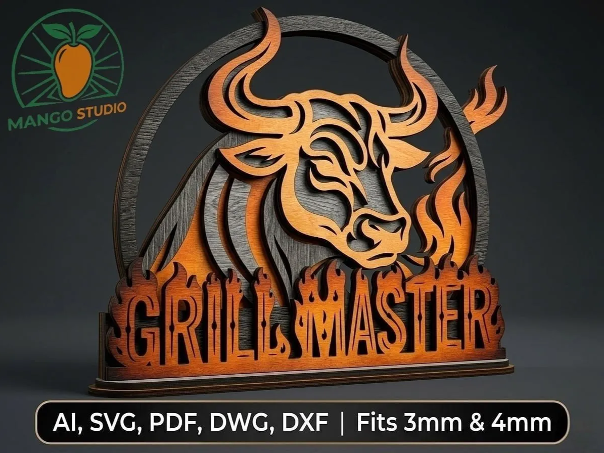 3D Bull Grill Master Layered Laser File