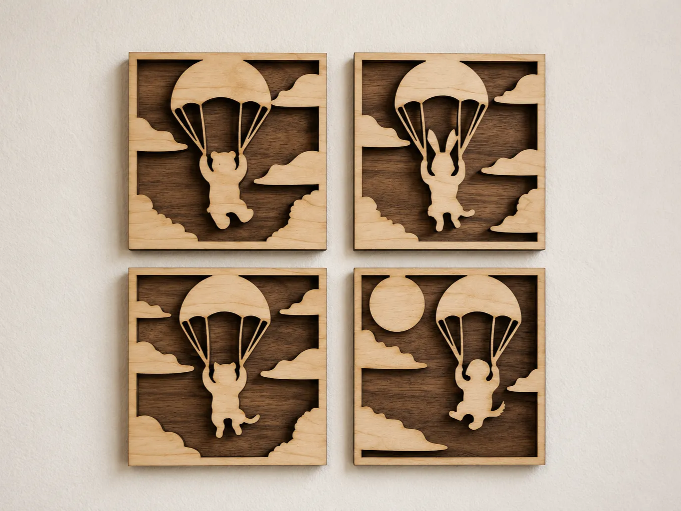Wooden Wall Art Set Featuring Animals Skydiving with Parachutes