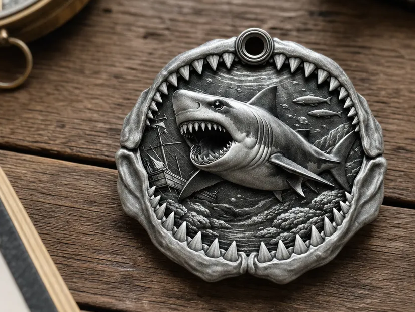 Great White Shark Nautical Pendant with Shipwreck Motif Keychain or Keyring