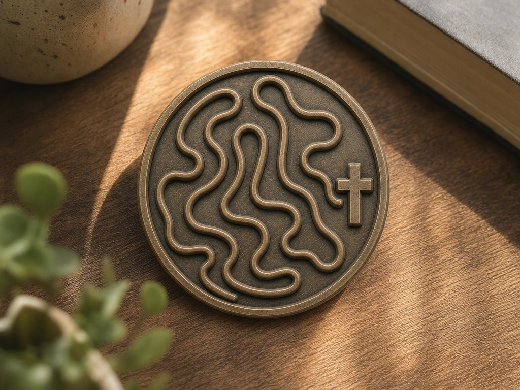 Round Bronze Prayer Coin with a raised Wavy Path and Cross Motif.