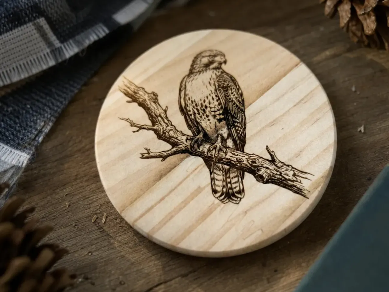 [Laser cut and engrave] Round Wooden Coaster Featuring a Detailed Hawk Perched on a Branch