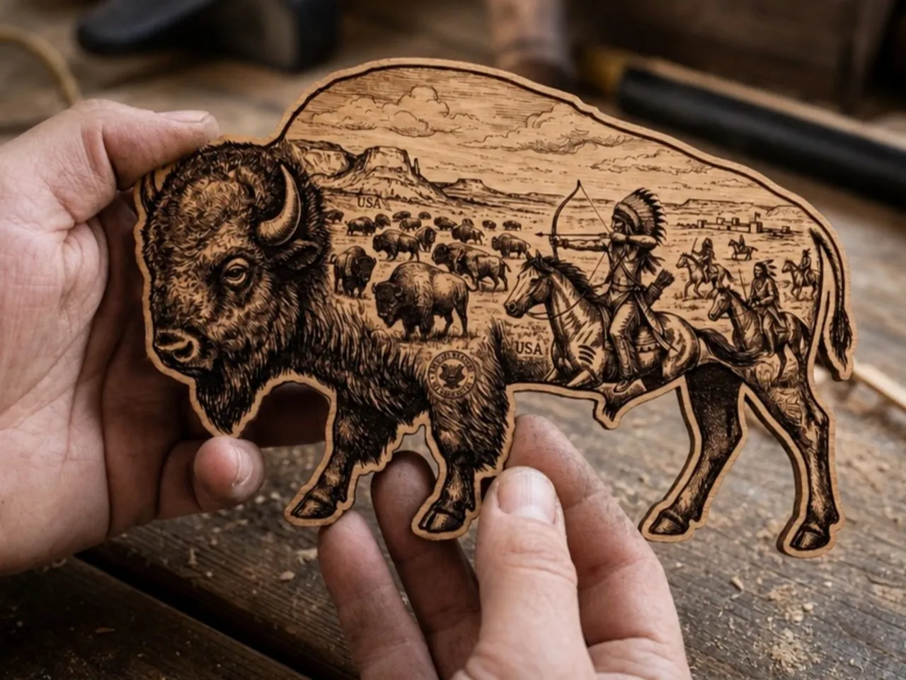 [Laser cut and engrave] American Bison Silhouette Wall Art Featuring Native American Hunter Scene