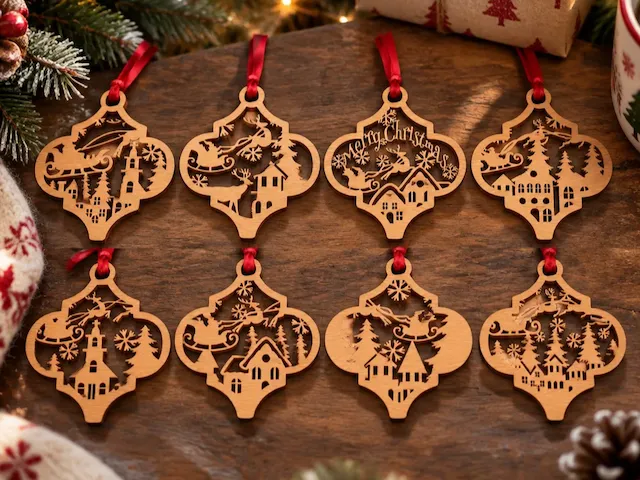 Wooden Christmas Ornaments Featuring Santa Sleigh and Winter Village Scenes