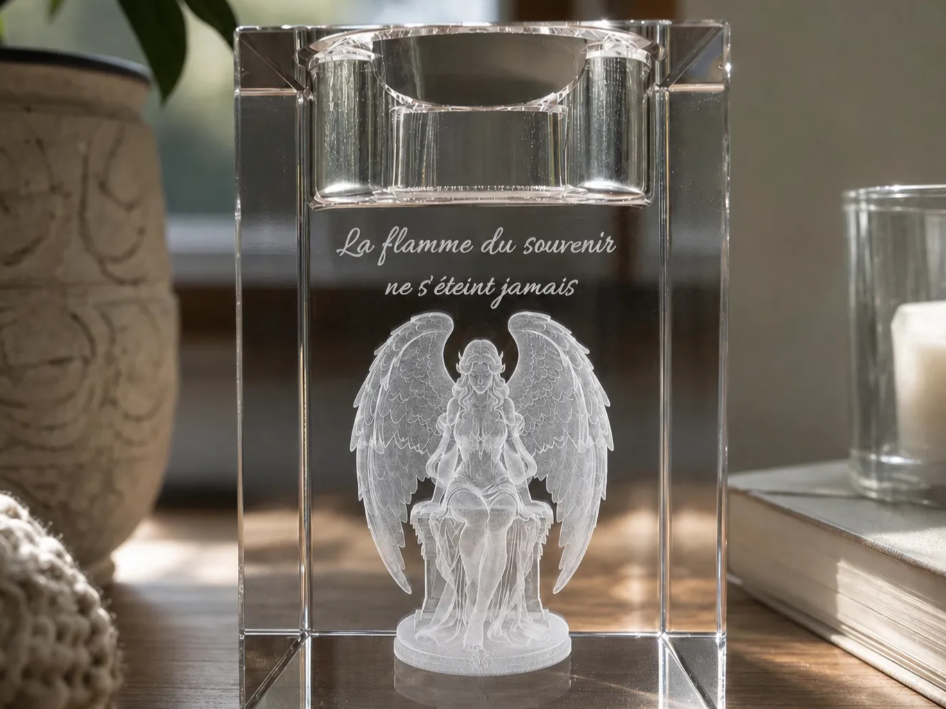 Bougeoir commémoratif en cristal avec ange et inscription La flamme du souvenir