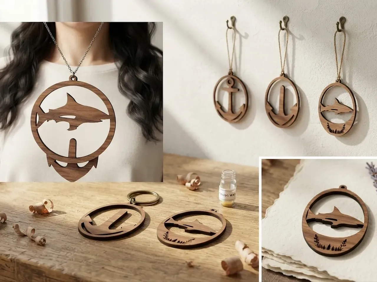 [Laser cut and engrave] Nautical Shark and Anchor Wooden Pendant Necklace and Hanging Ornament Set