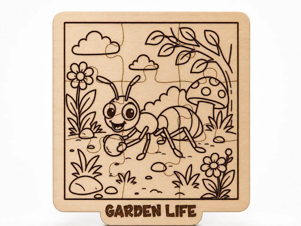 Garden Ant Wooden Puzzle SVG XCS | Cute Bug Laser Cut Design | Kids Nature Jigsaw | Montessori Learning Toy Template