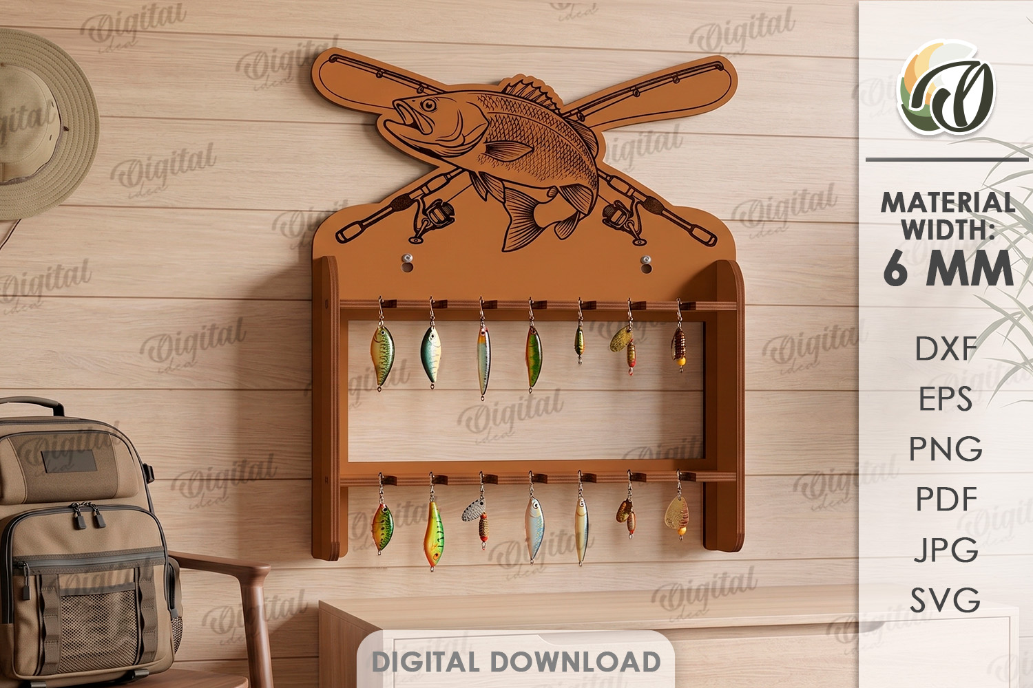 [Laser cut and engrave] 3D Fishing Rod Racks bundle. Fishing lure display laser cut files. Fisherman gift svg. Lake house wall decor. Hanging fishing pole organizer