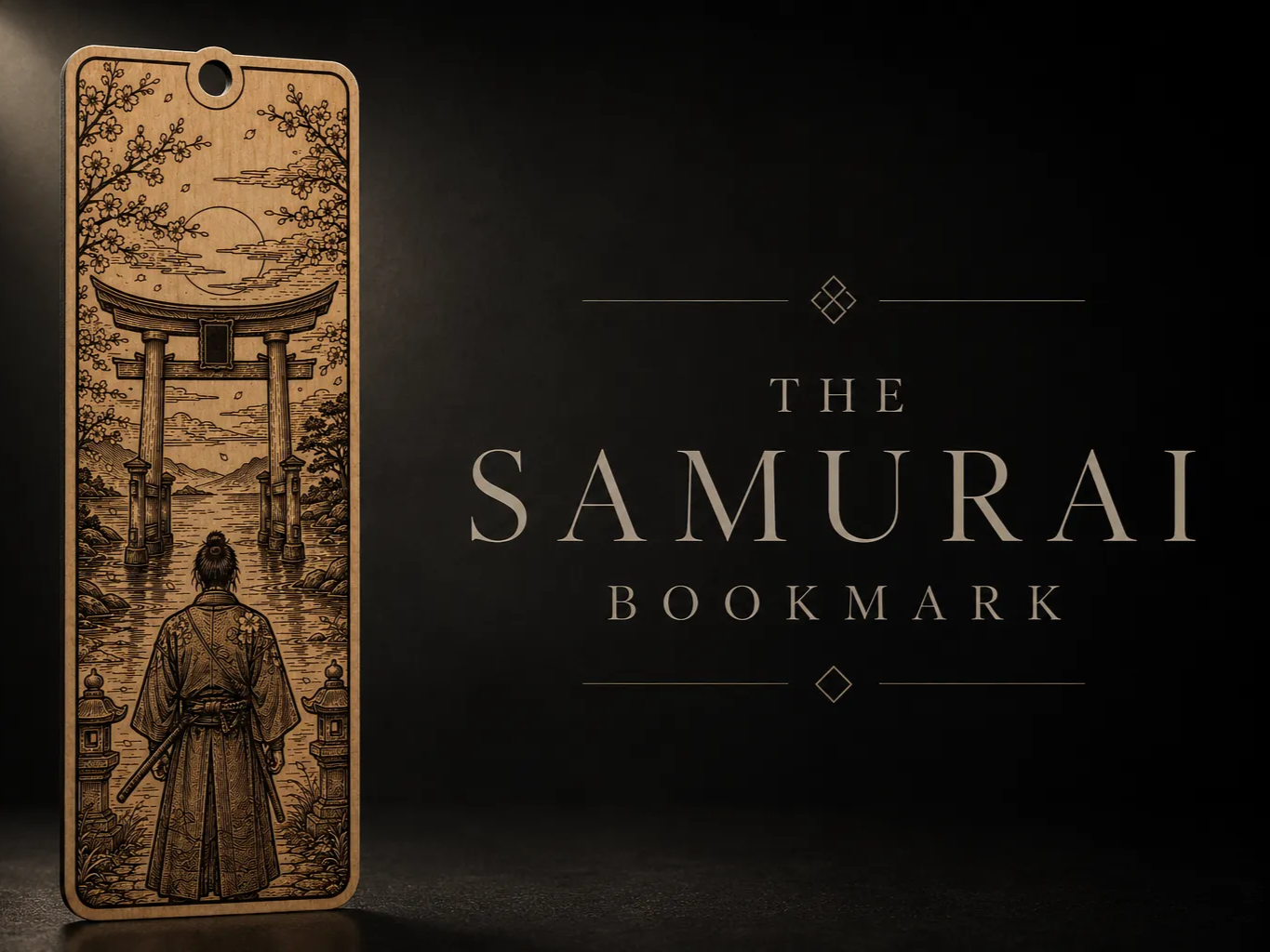 Samurai and Torii Gate Wooden Bookmark