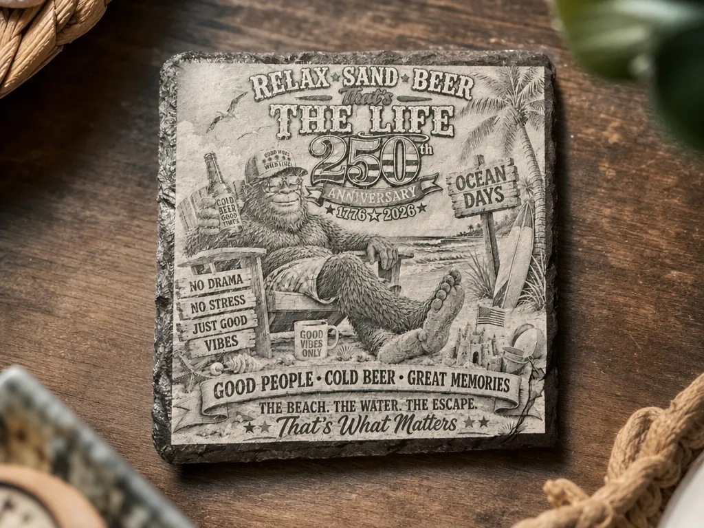 Sasquatch Bigfoot Beach Theme Slate Coaster with July 4th 250th Anniversary